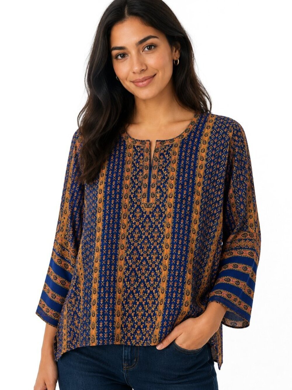 Prapti Blue Orange Green Paisley Silk Top